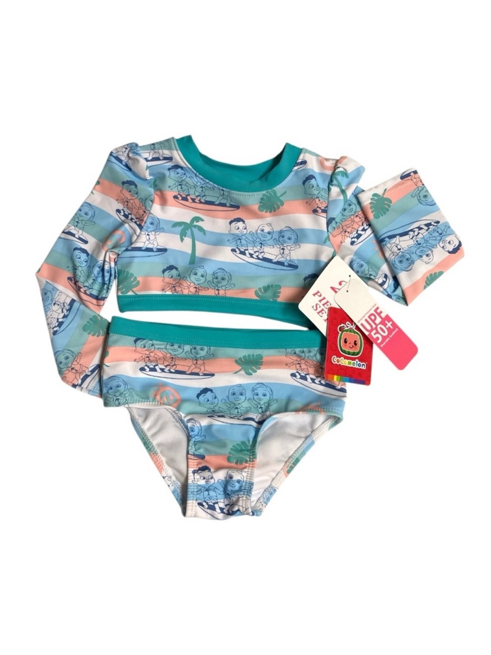 CoComelon' Long-Sleeve Swim Rashguard Character Set in Aqua & Coral Stripe - Picture 13 of 16